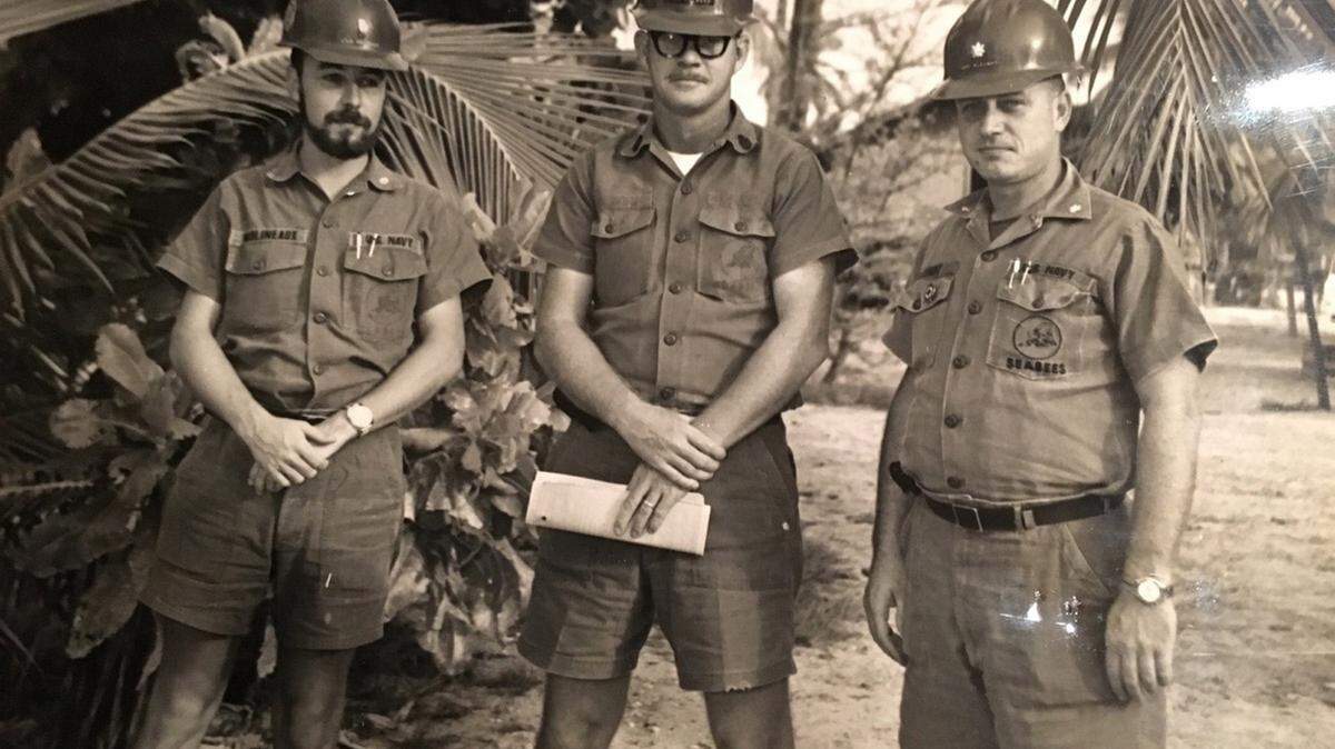 Lee Sleight, far right, on deployment to Diego Garcia in the Indian Ocean