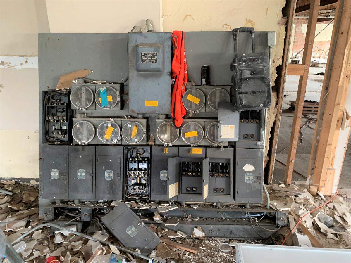 The old electric panel remains at the Barq Building as the restoration begins.
