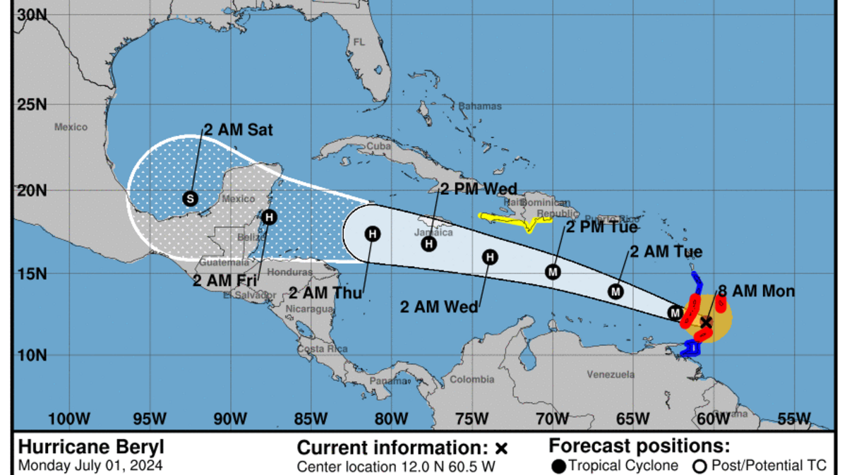The National Hurricane Center map shows a predicted track for Hurricane Beryl.