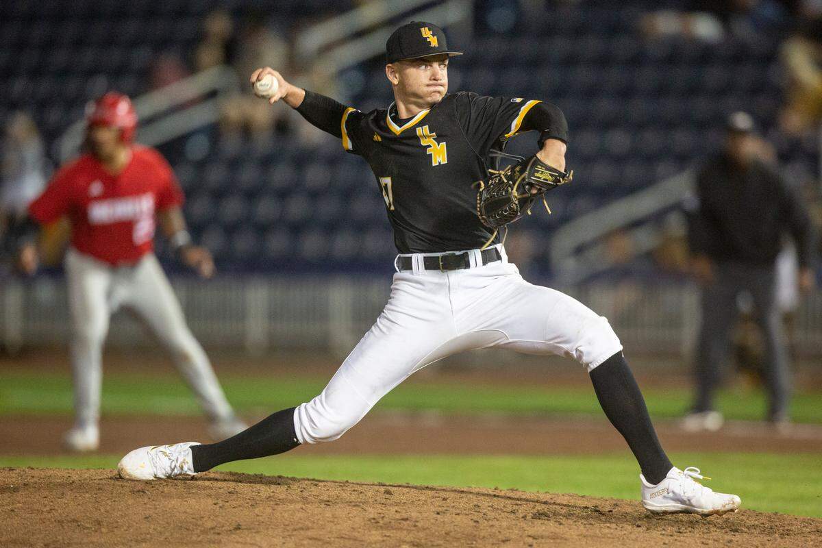Southern Miss’ pitcher McCarty English throws a pitch during the Hancock Whitney Classic against Nicholls at Shuckers Ballpark in Biloxi on Tuesday, Feb. 27, 2024.