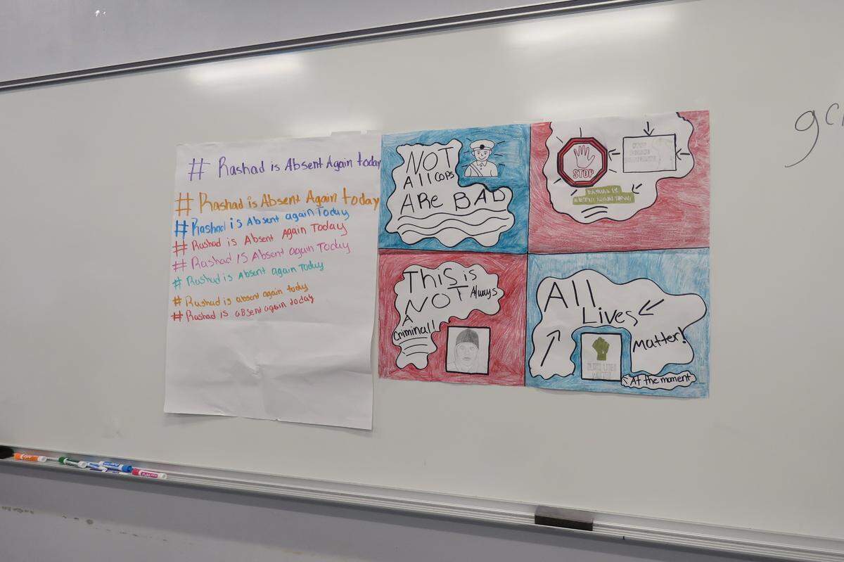 Louis Henderson’s 9th-graders created posters related to the book “All American Boys,” ahead of their class discussion with visiting police officers on Oct. 20, 2020.