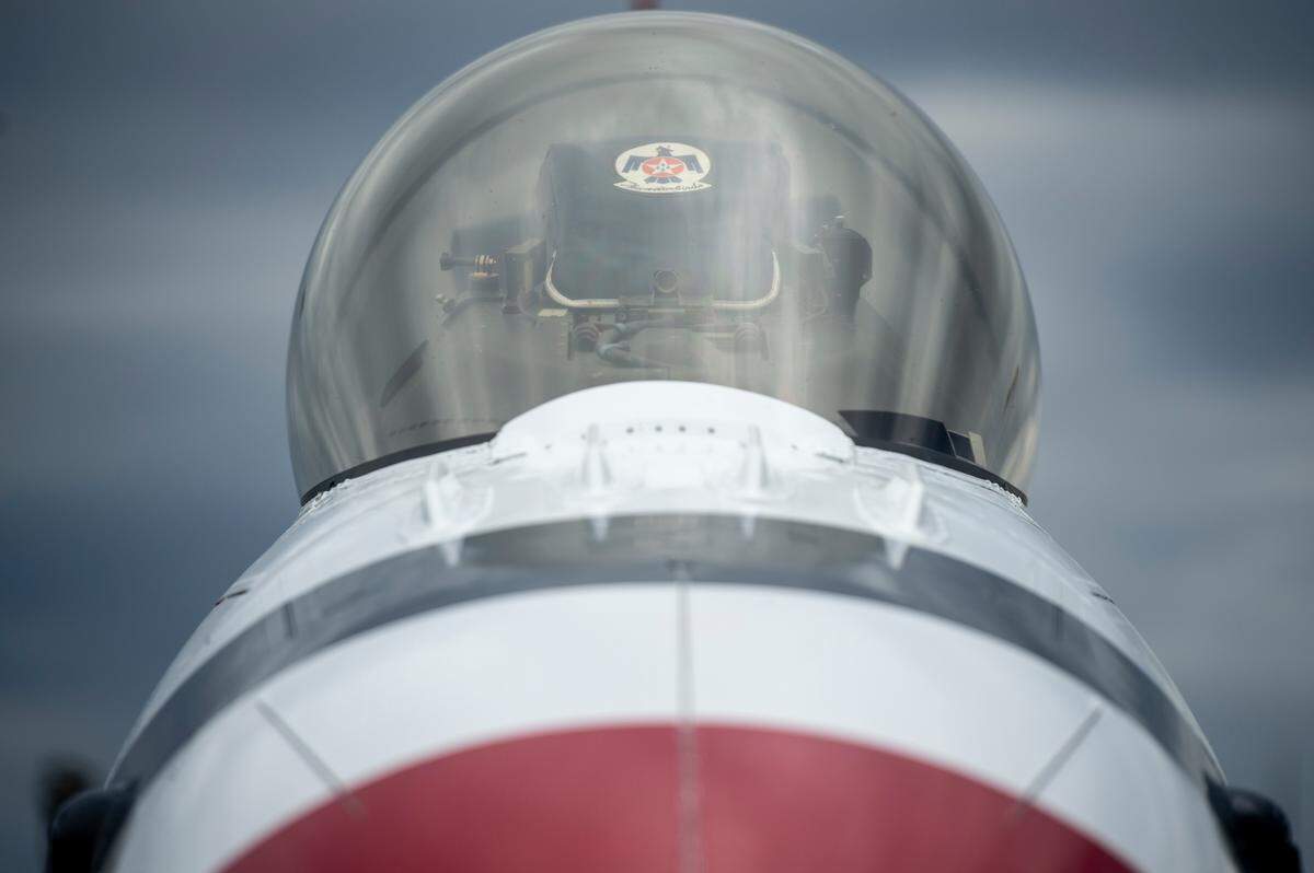 A Thunderbird F-16 aircraft is parked at the Combat Readiness Training Center at Gulfport International Airport on Friday, Feb. 10, 2023. The Thunderbirds will return to the Mississippi Coast April 28 to April 30, 2023.