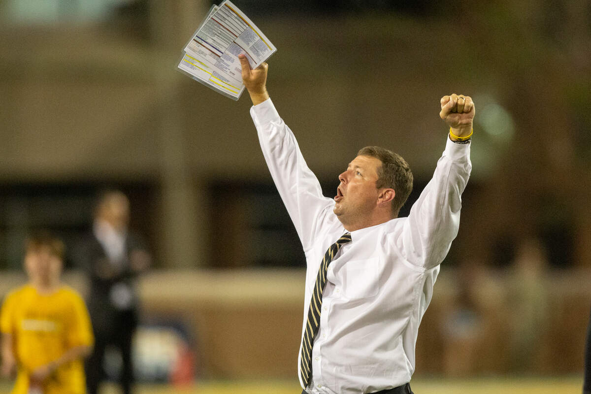 Southern Miss Golden Eagles Coach Will Hall celebrates after Southern Miss won a game against Arkansas State at M.M. Roberts Stadium in Hattiesburg on Saturday, Oct. 15, 2022.