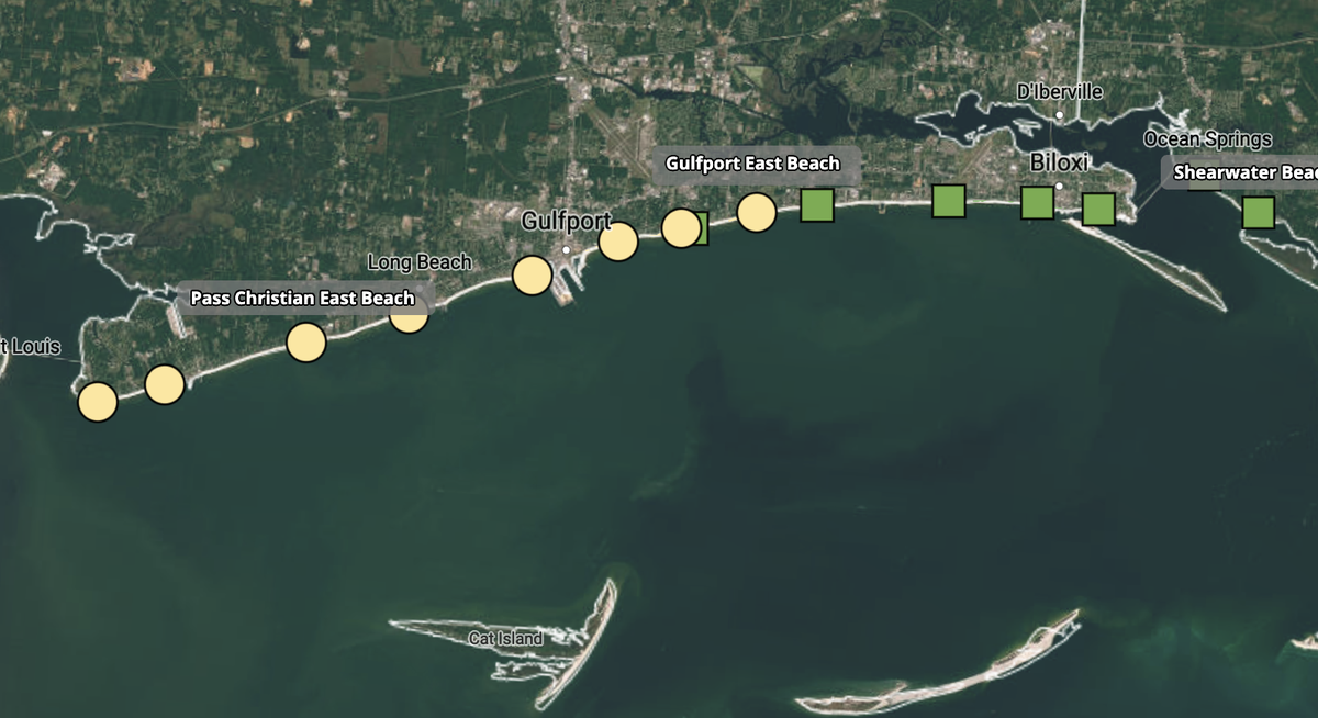 Eight beaches from Pass Christian to Gulfport are under water contact advisories issued by the Mississippi Department of Environmental Quality.