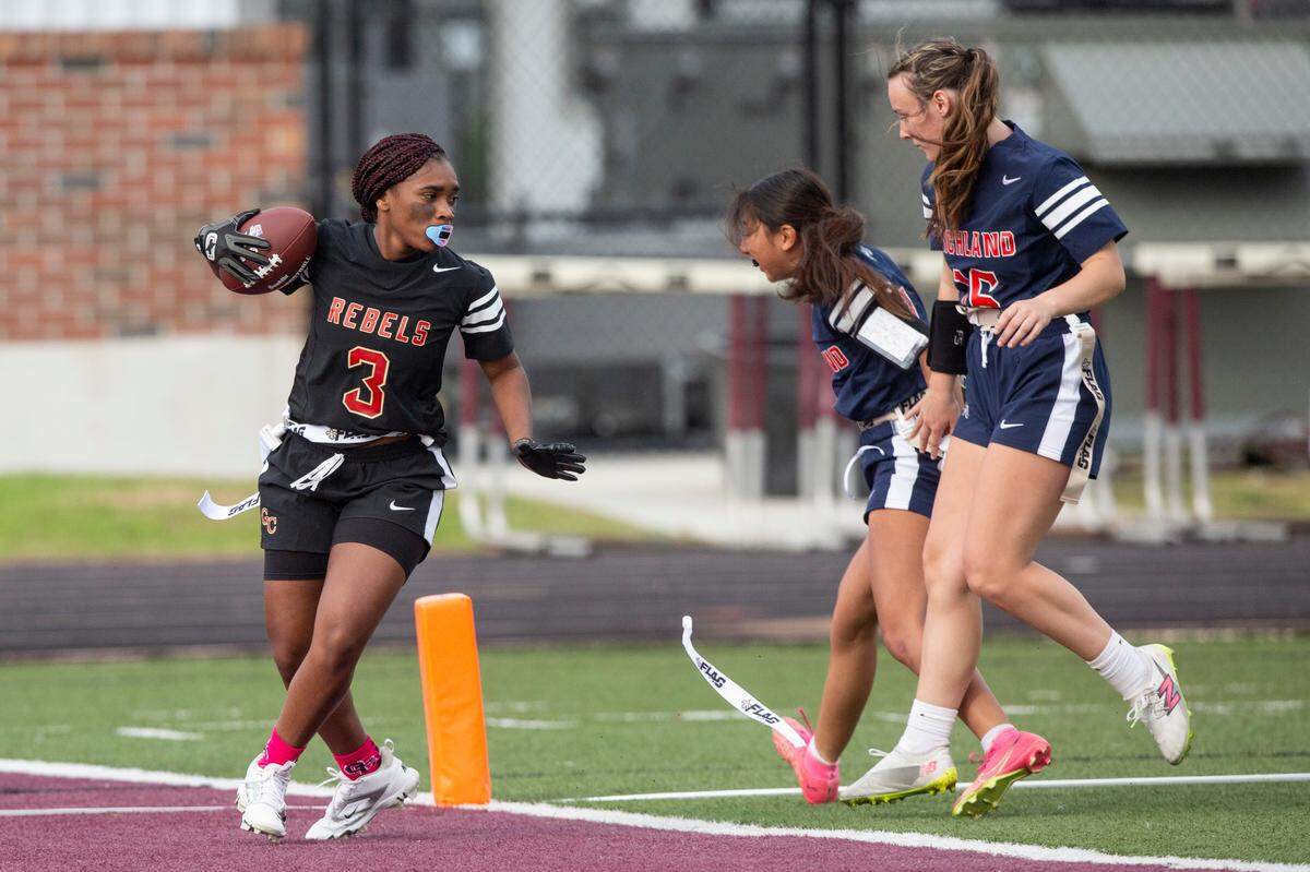 George County’s Mykaila Moore gets her flag pulled at the goal line during a game against Richland at Lee-Triplett Stadium in Picayune on Thursday, March 27, 2025.