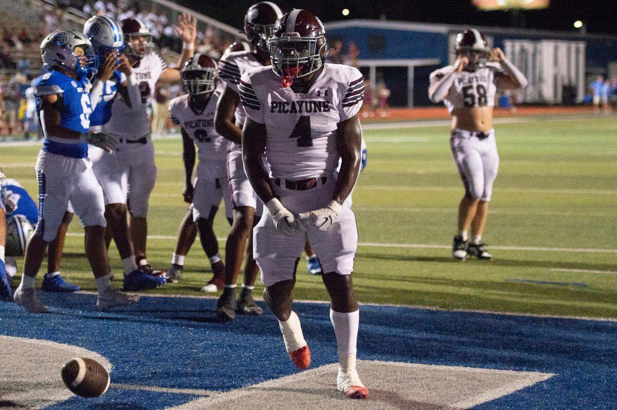 Picayune’s Darrell Smith reacts after scoring a touchdown during a game between Picayune and Ocean Springs at Greyhound Stadium in Ocean Springs on Friday, Sept. 27, 2024.