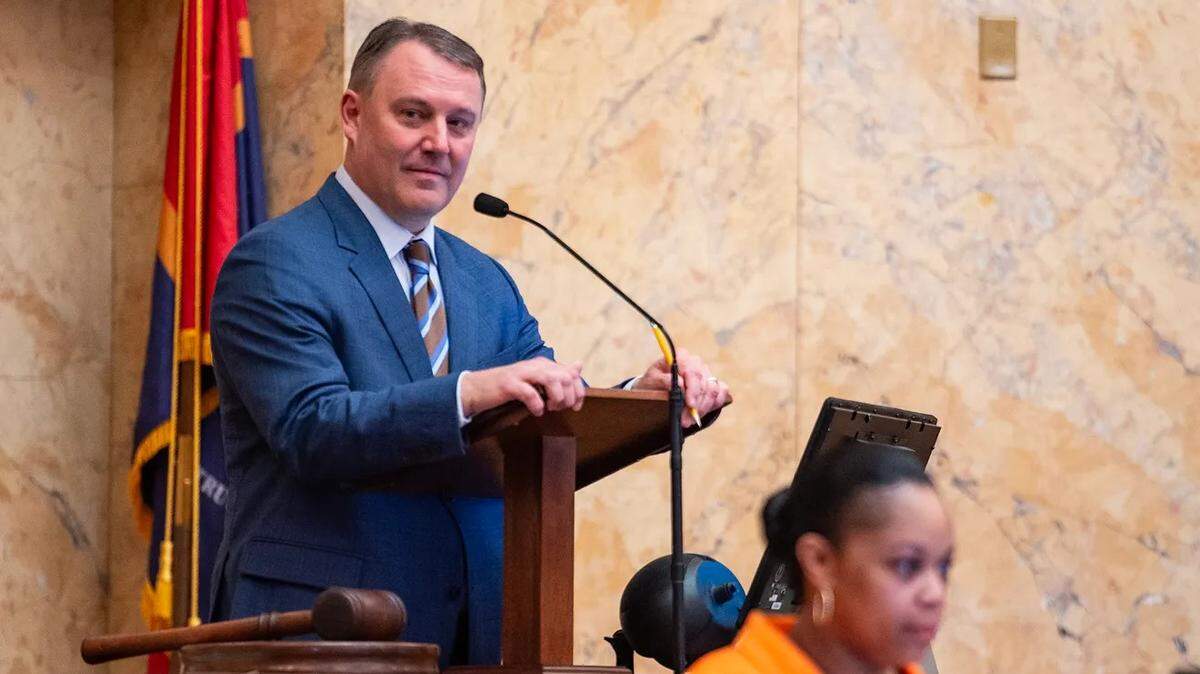 Mississippi House Speaker Jason White, R-West, listens as a representative speaks on the final day of the 2024 legislative session in Jackson. 