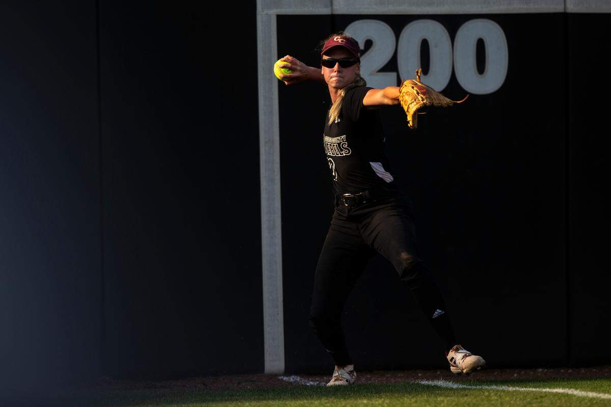 George County Lady Rebels’ Ashton Fairley throws a pass during the 5A 2023 MHSAA Softball Championship game at USM Softball Complex in Hattiesburg on Thursday, May 18, 2023.