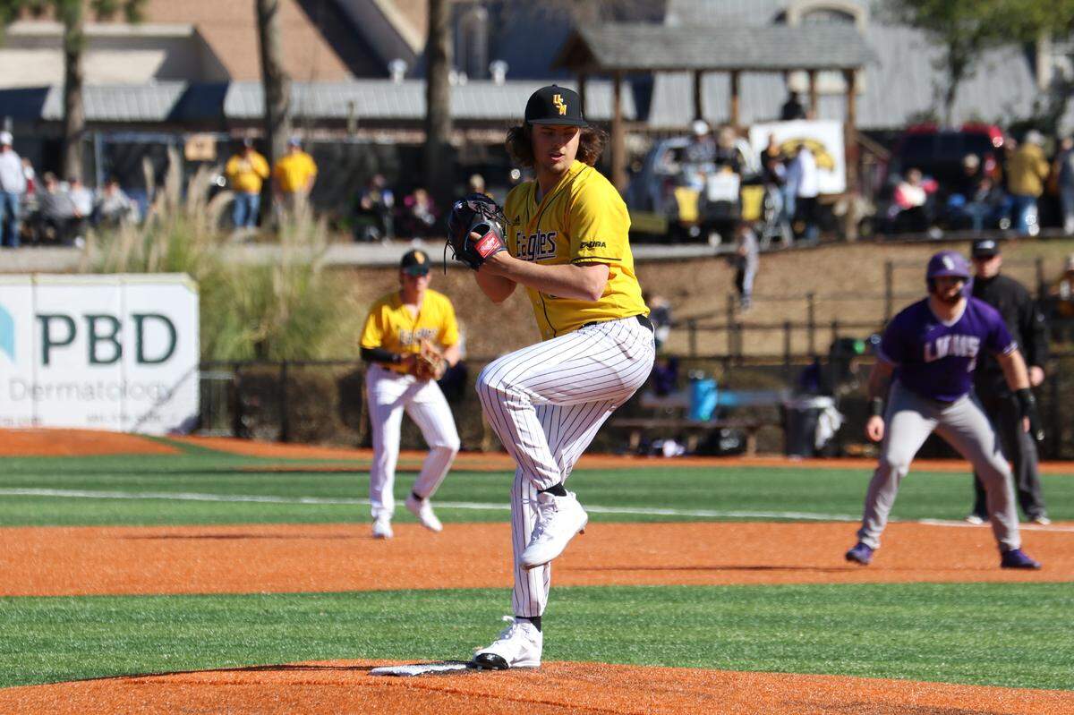 Southern Miss pitcher Tyler Stuart winds up for a pitch against Alabama.