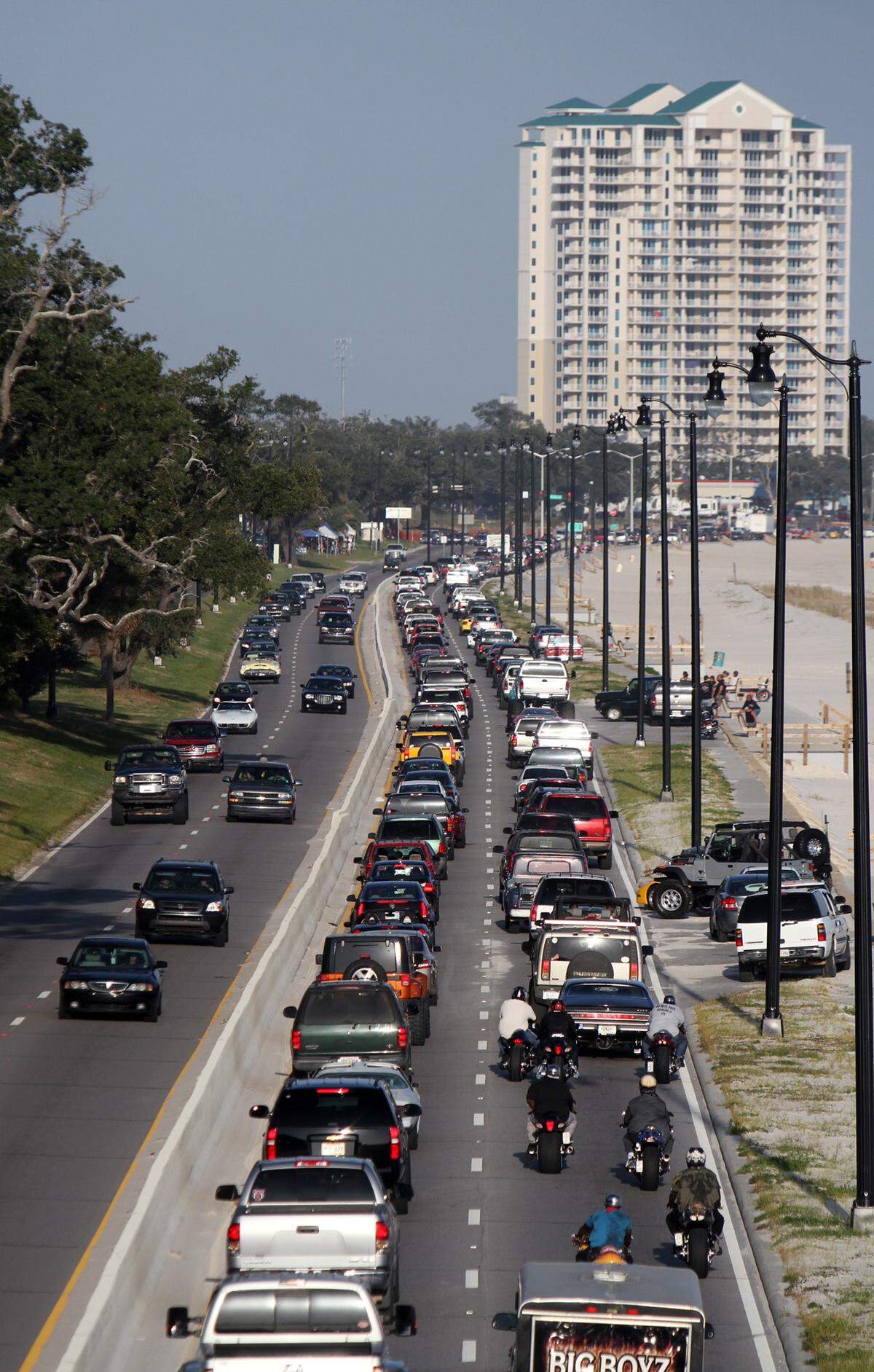 Traffic moves at a snail’s pace as Cruisin’ The Coast slows U. S. 90 to a crawl on October 9, 2011.