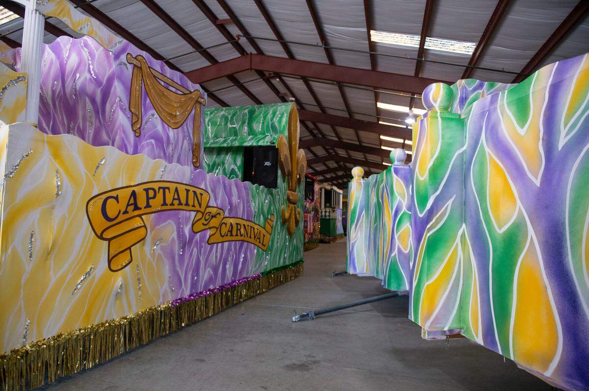 Mardi Gras floats for the captain and royalty at the Gulf Coast Carnival Association Float Den in Biloxi on Wednesday, Jan. 10, 2024. The floats for the royalty and captain were redone this year by Doug Blom.
