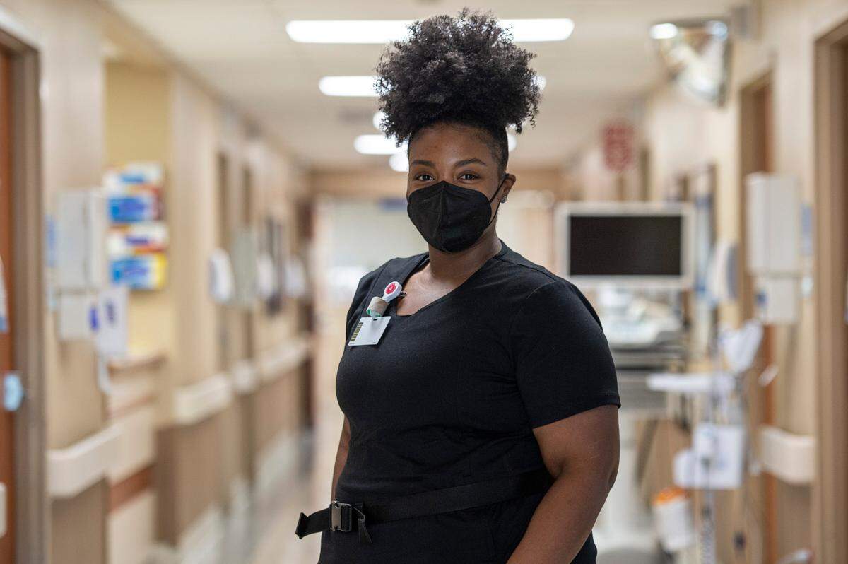 MEMA nurse Maya Travis poses for a portrait inside Singing River Hospital in Gulfport on Wednesday, Oct. 27, 2021.