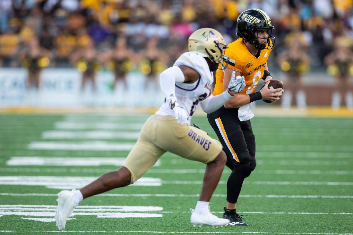 Southern Miss Golden Eagles quarterback Billy Wiles (8) runs the ball during a Southern Miss game at M.M. Roberts Stadium in Hattiesburg on Saturday, Sept. 2, 2023.