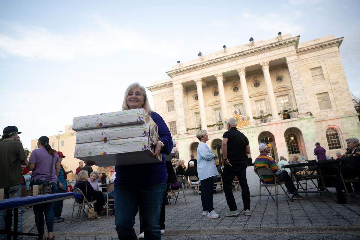 King Cakes are brought to Biloxi City Hall in preparation for a 12th Night Celebration in Biloxi on Monday, Jan. 5, 2026.
