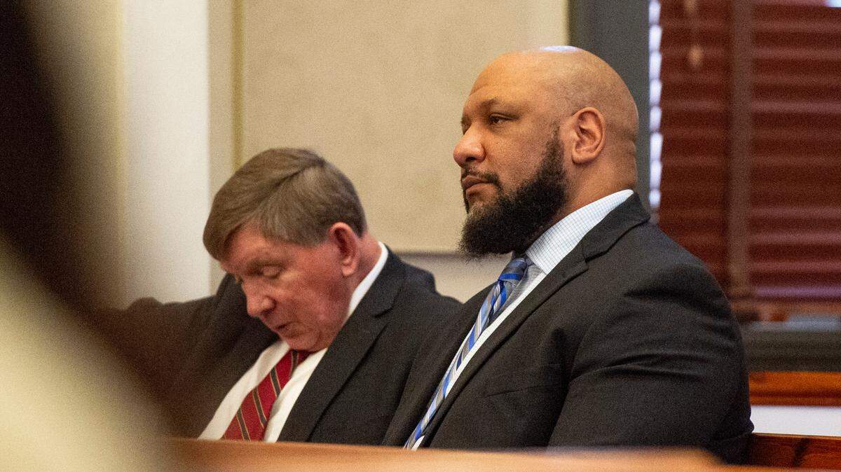 Benjamin Taylor, right, sits with his attorney in Hancock County Circuit Court in Bay St. Louis for his arraignment on Monday, Feb. 10, 2025.