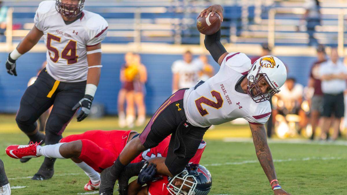Pearl River Community College quarterback Terrence Humphrey scrambles for yardage at Itawamba Community College on Aug, 29, 2019.