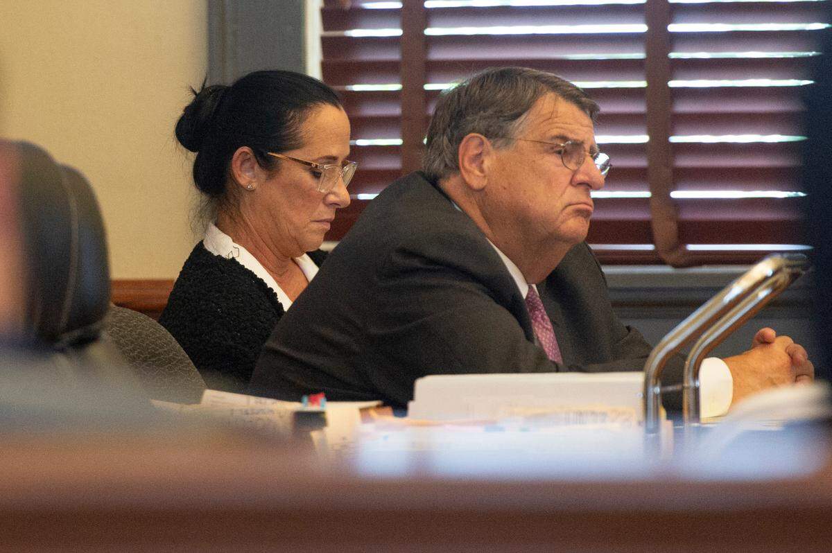 Connie Cuevas and her attorney Donald Rafferty sit while parents of children who were injured at Connie Cuevas’ home daycare make victim impact statements before Judge Schmidt during Cuevas’ sentencing in Hancock County Circuit Court in Bay St. Louis on Monday, June 3, 2024.
