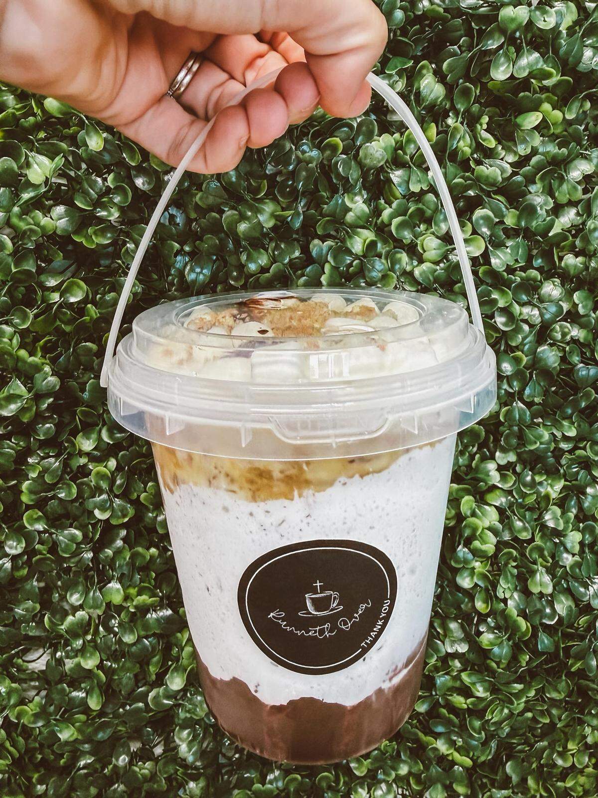 A bucket of the s’mores iced latte from Runneth Over in Pass Christian, Mississippi.