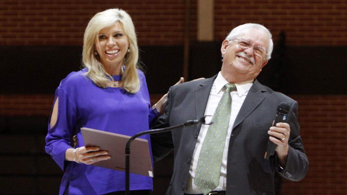 TIM ISBELL/SUN HERALD 
 Sarah Thomas jokes with Councilman Burt Hill after he read a proclamation in her honor during the Sarah Bailey Thomas Gymnasium dedication, Thursday, March 3, 2016.