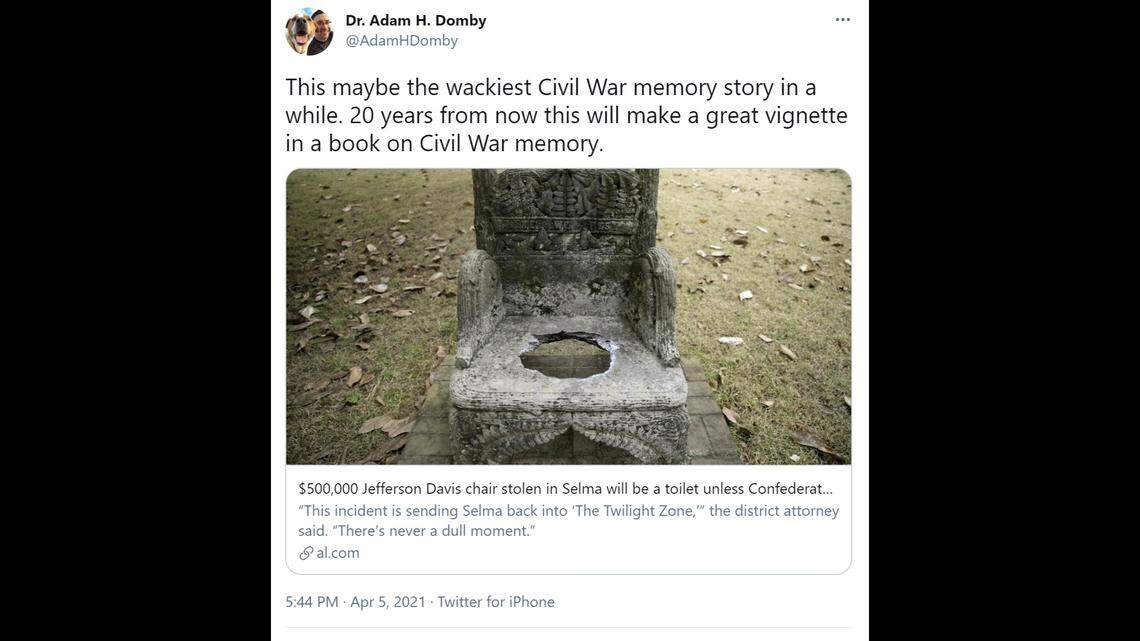 A White Lies Matter group has claimed responsibility for stealing the Jefferson Davis Memorial chair from an Alabama cemetery and is holding it for ransom, emails say.
