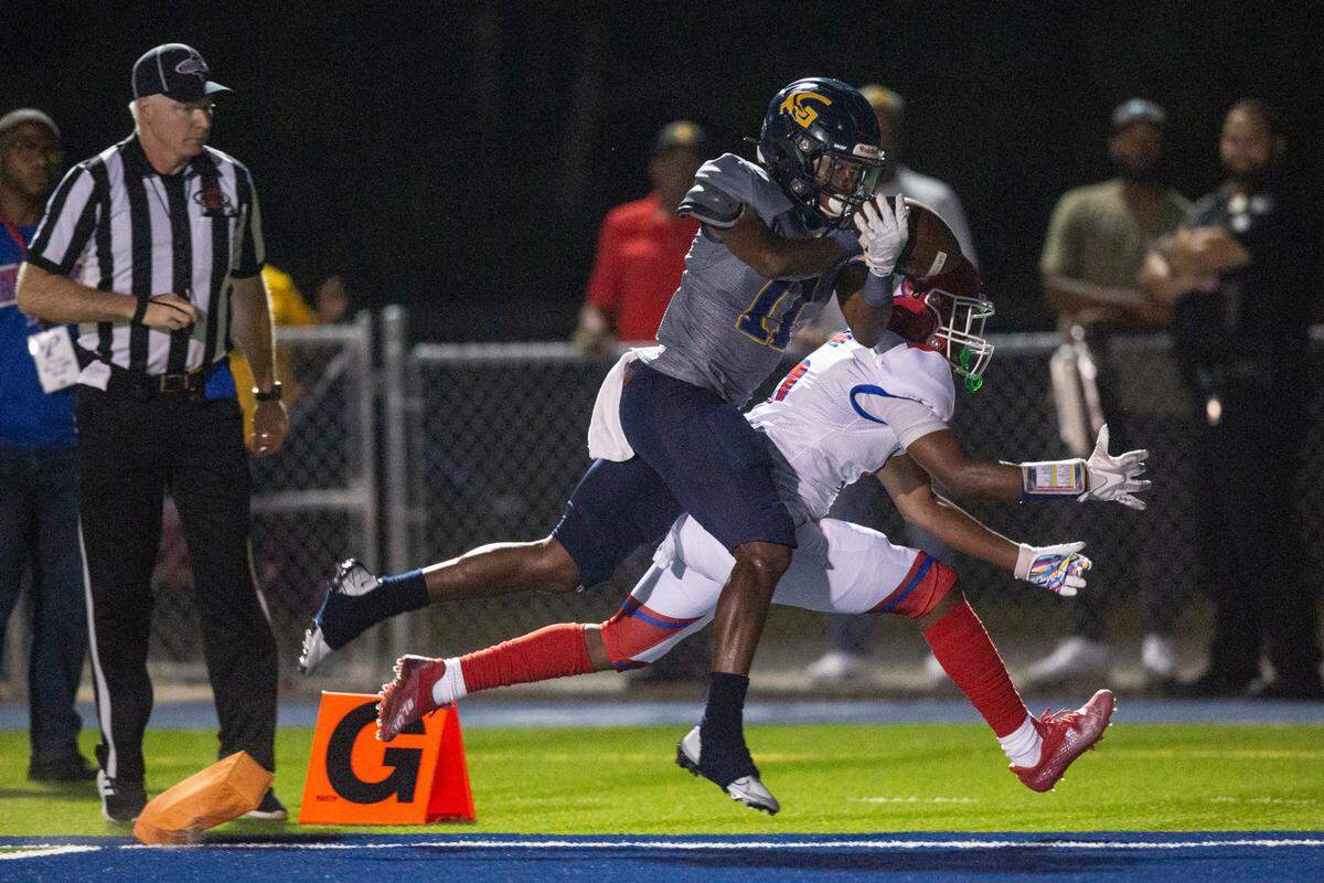 Gautier’s Shamarie Carroll catches the ball in the end zone during a game against Pascagoula at Gautier High School in Gautier on Friday, Sept. 2, 2022.