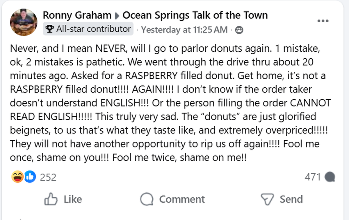 A social media post by Ronny Graham following his experience at Parlor Doughnuts.