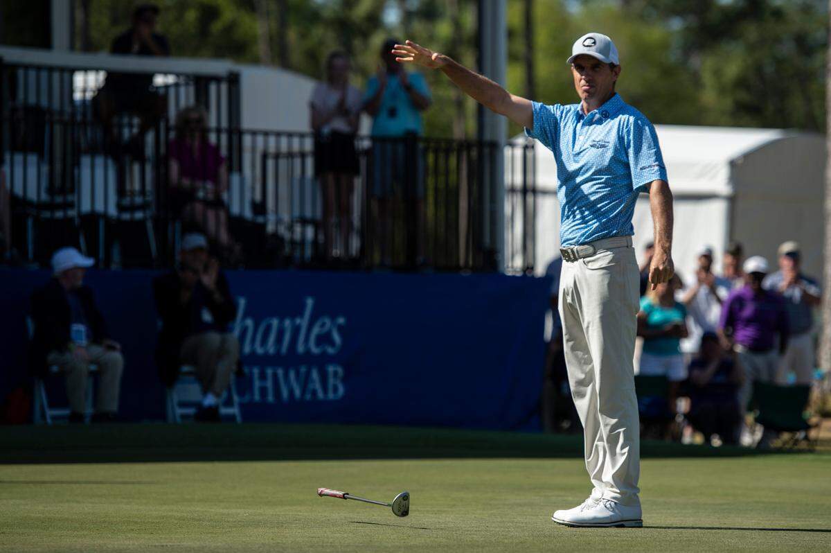 Steve Alker, winner of the Rapiscan Systems Classic, drops his putter following his win at Grand Bear Golf Course in Saucier on Sunday, April 3, 2022.