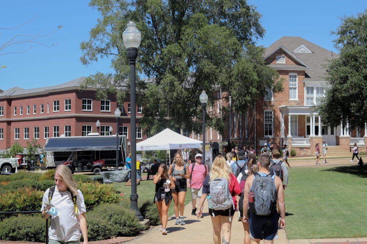 Mississippi State University students walk to class on the Starkville campus.