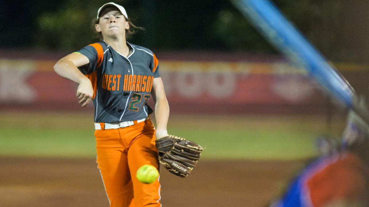 BOB SMITH/SPECIAL TO THE SUN HERALD 
 West Harrison pitcher Stephanie Necaise (27) throws during their MHSAA Fast Pitch Softball 5A Championship game against Neshoba Central in Madison on May13th, 2016.