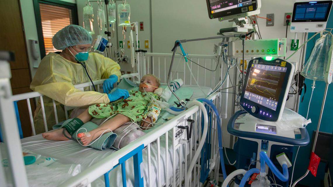 This photo posted on Facebook by Children’s Hospital of Mississippi in Jackson shows Avery Mitchell, one of eight children with COVID-19 in the hospital’s ICU as of Thursday, Aug. 19, 2021.