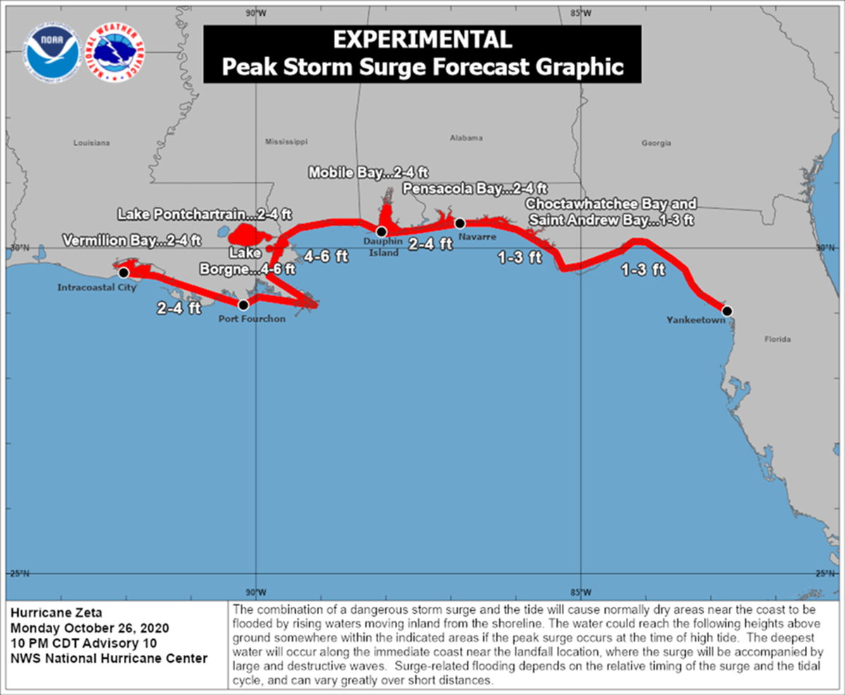Storm surge forecast as of Tuesday 10 p.m. for Hurricane Zeta 