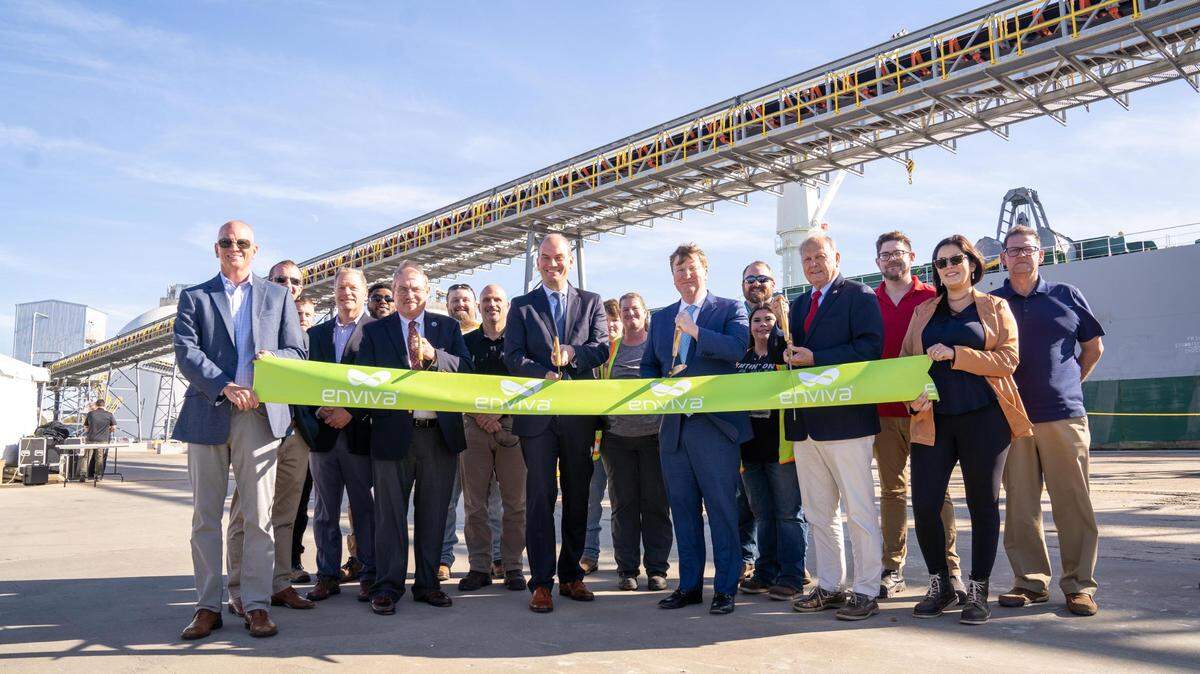 Gov. Tate Reeves (sixth from right) and officials from Enviva Biomass, Inc. at a ceremonial ribbon cutting at the Port of Pascagoula on Wednesday. (Credit: Enviva Biomass Inc_.