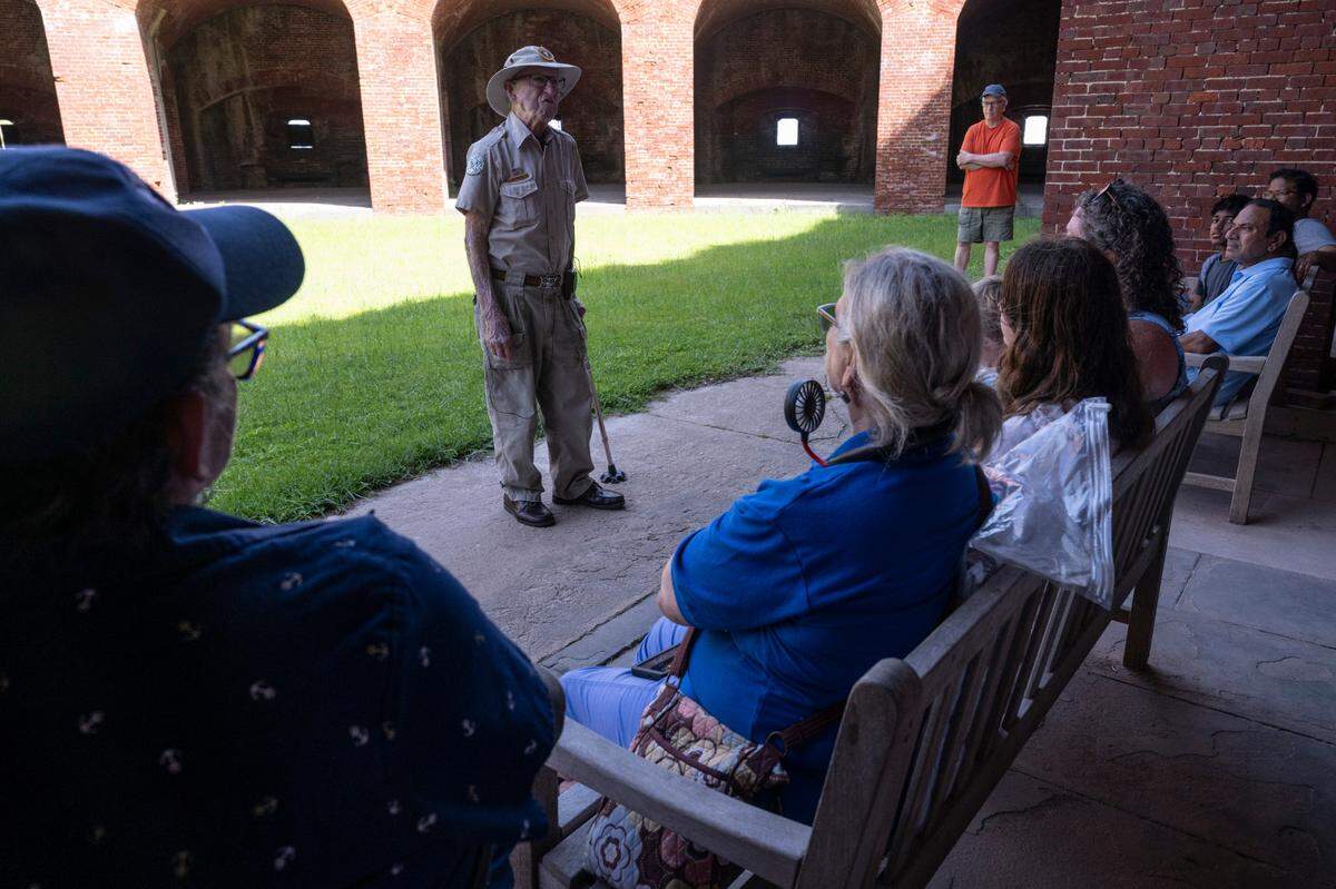 Jack Madison, a volunteer tour guide for Gulf Islands National Seashore, gives one final tour of Fort Massachusetts on Ship Island on Friday, July 11, 2025 — his 100th birthday.