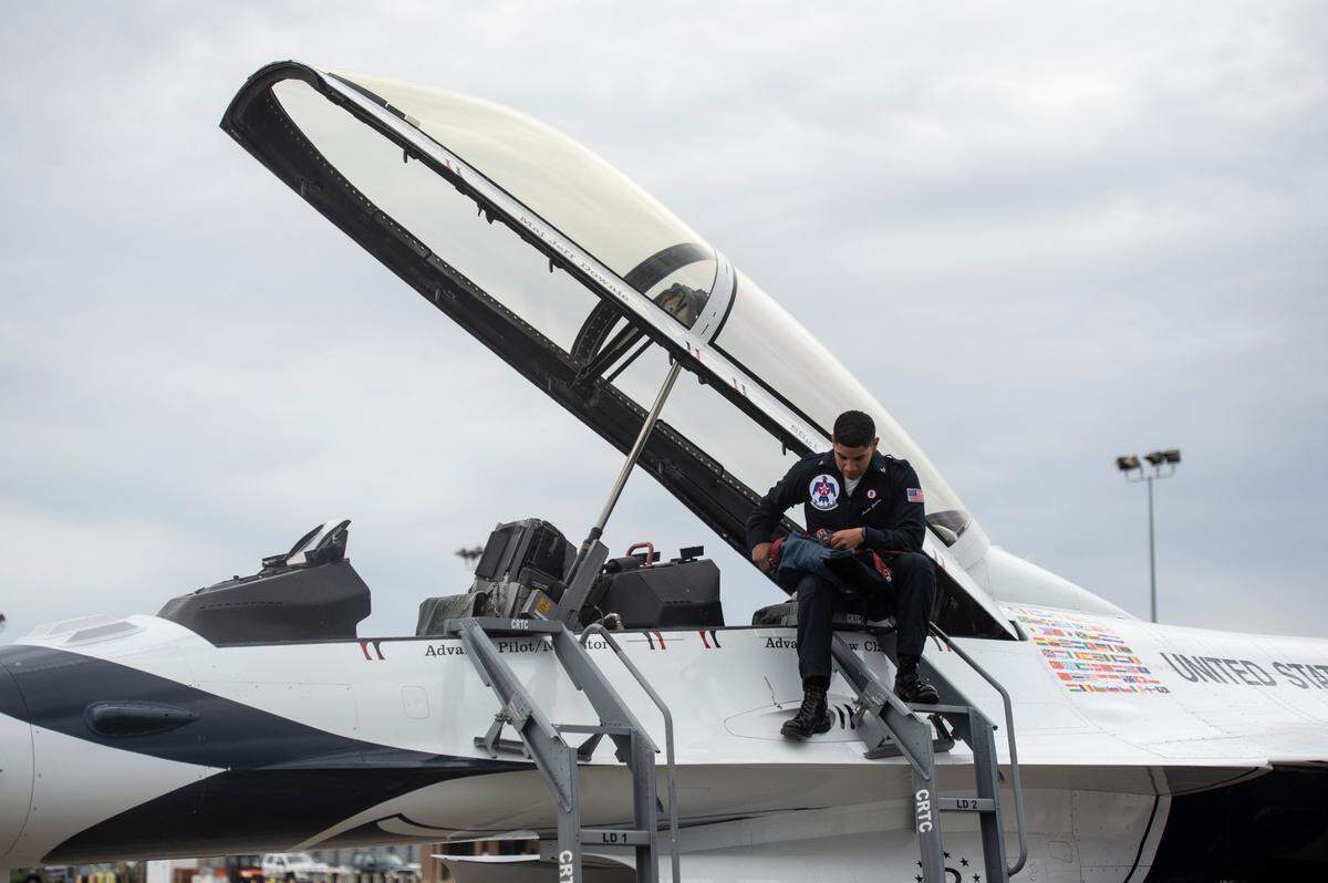 Advance Crew Chief SSgt. Austin Guerra prepares a Thunderbird F-16 aircraft for flight at the Combat Readiness Training Center at Gulfport International Airport on Friday, Feb. 10, 2023. The Thunderbirds will return to the Mississippi Coast April 28 to April 30, 2023.