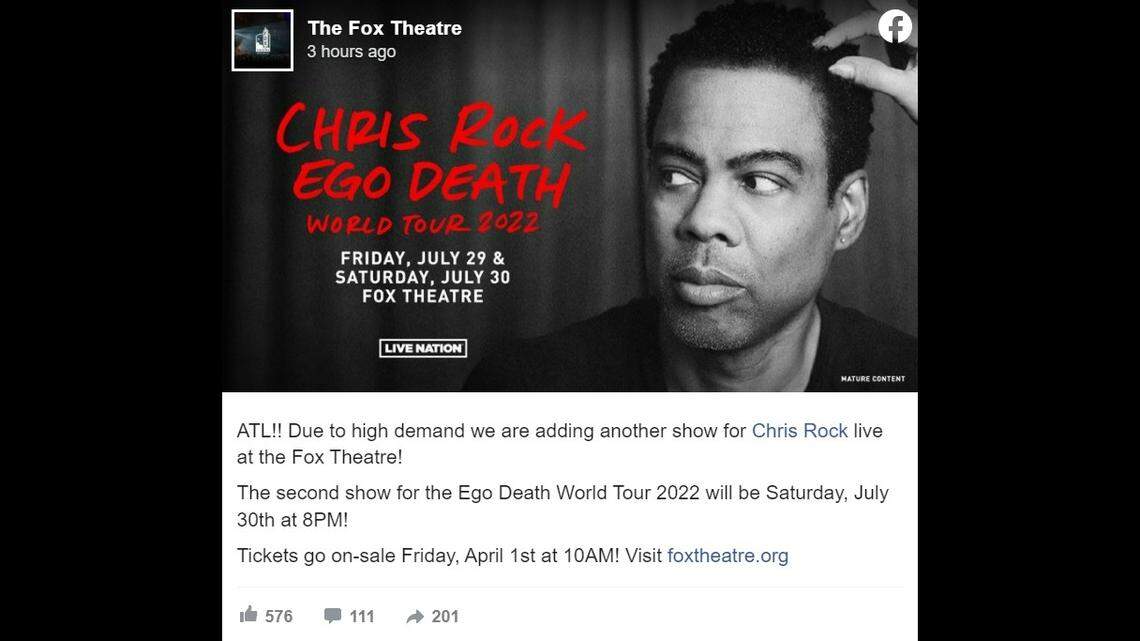 A second show has been added to Chris Rock’s comedy tour at the Fox Theatre in Atlanta due to high demand after the comic was slapped by Will Smith at the Oscars.