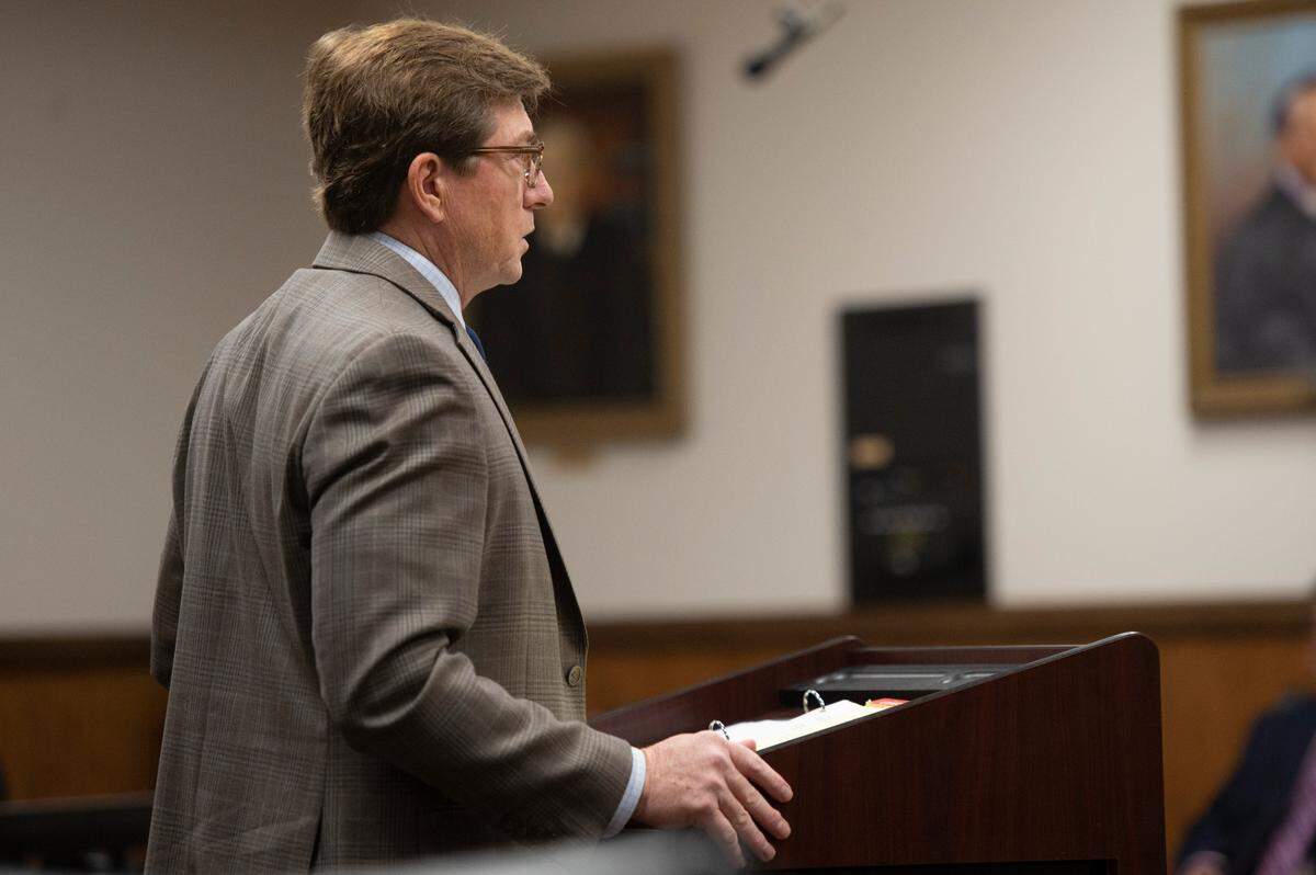 David Baria, the attorney for a Hancock County couple suing former Diamondhead city councilman Alan Moran over their minor son’s claims that he was sexually assaulted at work, appears before Judge Randi Mueller in Harrison County civil court in Gulfport on Thursday, Sept. 15, 2022 to argue against Moran’s attorneys attempt to stall the litigation process in the civil case. The civil case is in addition to a criminal case Moran is facing.