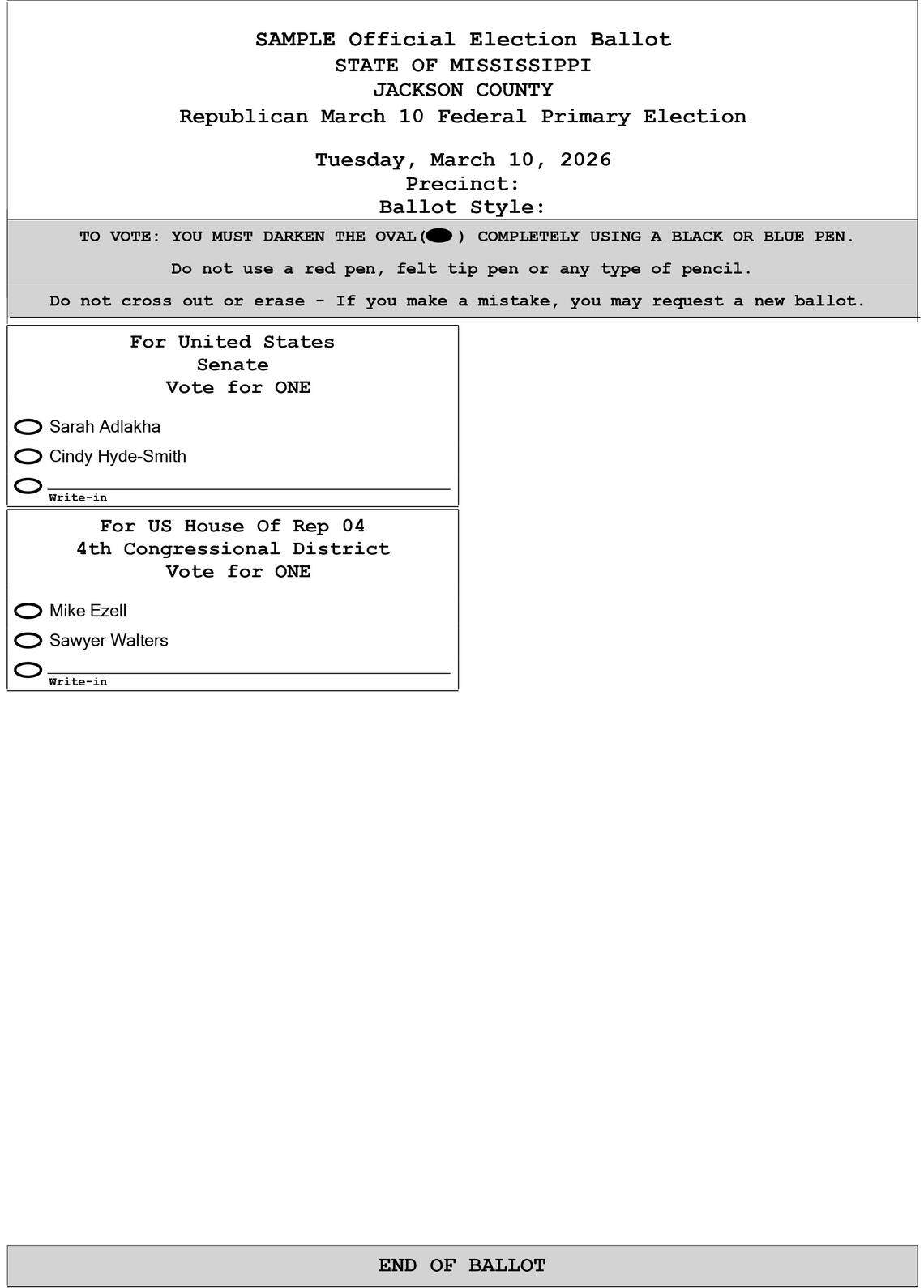 Sample ballot for the Republican primary election in Jackson County on March 10, 2026.