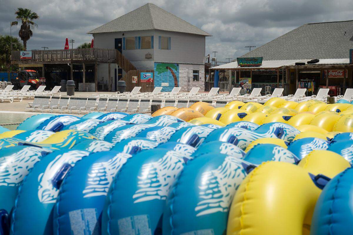 Innertubes and lounge chairs at Gulf Islands Waterpark in Gulfport on Thursday, May 15, 2025.
