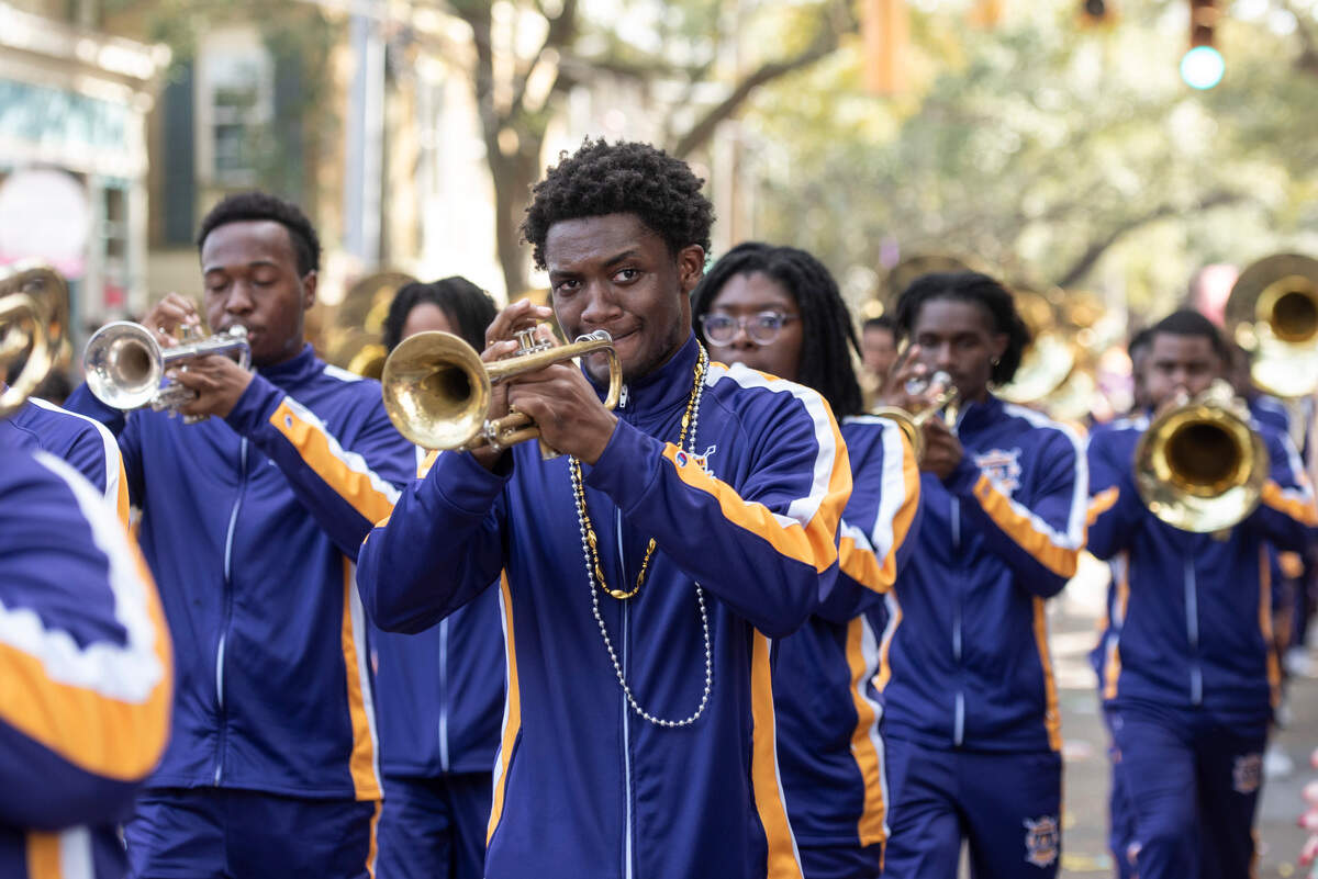 The Alcorn State University marching band, The Sounds of Dyn-O-Mite, play during the Ocean Springs Elks Club Mardi Gras Parade in Ocean Springs on Saturday, Feb. 15, 2025.