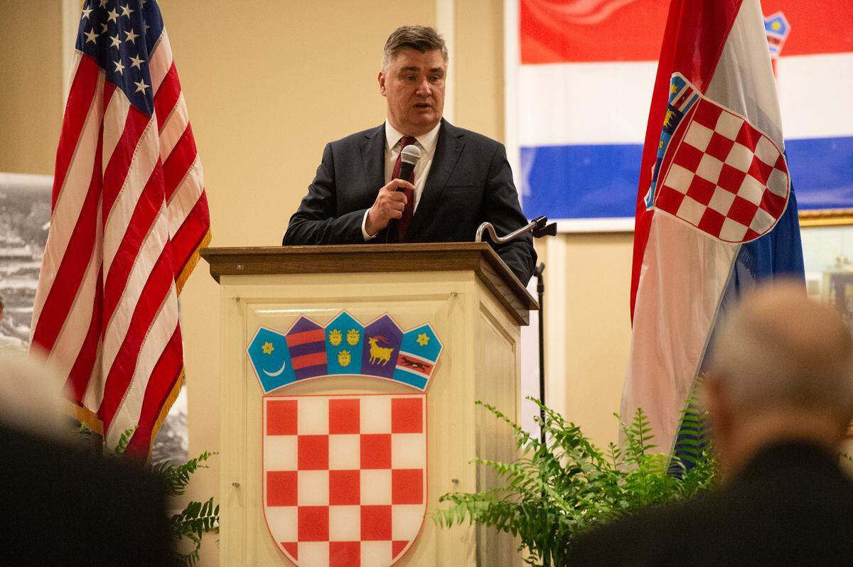 Croatian President Zoran Milanović makes a speech before members of the Croatian American Cultural Center as he is welcomed at an event at the Croatian American Cultural Center in Biloxi, Miss. on Friday, Sept. 22, 2023.
