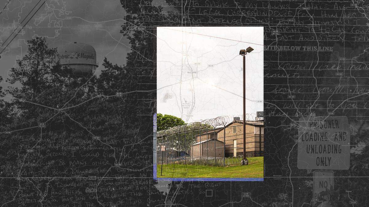 A collage shows a color photo of the exterior of a jail, with visible barbed wire, within the outline of Pike County. In the background are a map of Mississippi, text from federal filings and black-and-white photos of a water tower reading “Magnolia” and a “Prisoner loading and unloading only” sign.