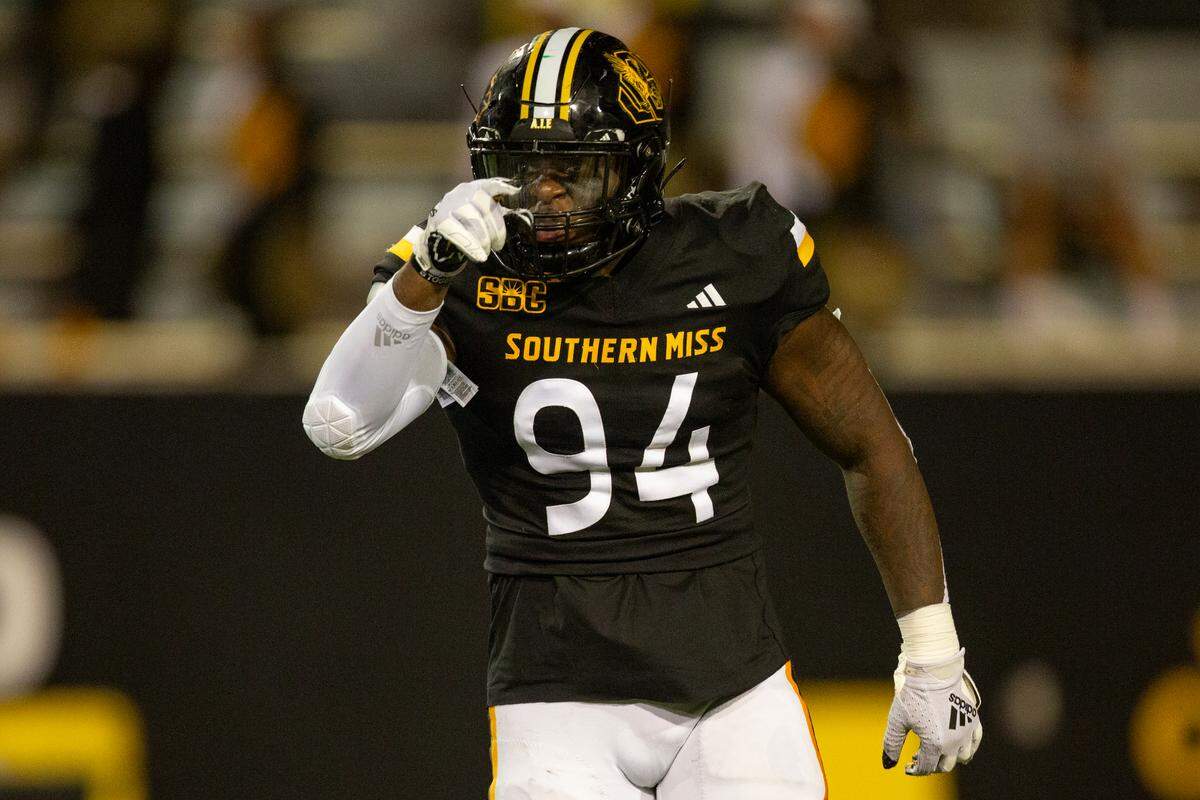 Southern Miss Golden Eagles defensive end Kristin Booth (94) reacts after a play during a game between Southern Miss and Southeastern Louisiana at M.M. Roberts Stadium in Hattiesburg on Saturday, Sept. 7, 2024.