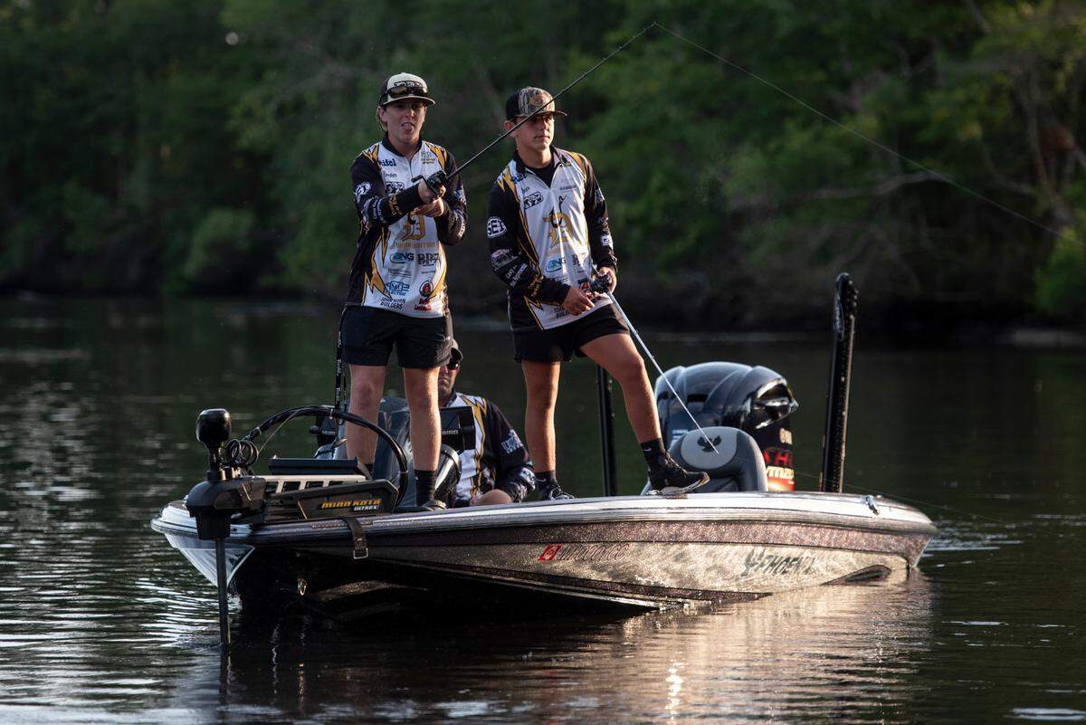D’Iberville Bass Fishing Team members Cooper Rouse and Ryker Reed, right, fish on the Tchoutacabouffa River in D’Iberville on Monday, June 3, 2024. Reed and Rouse took home their second consecutive bass fishing state championship title in May.