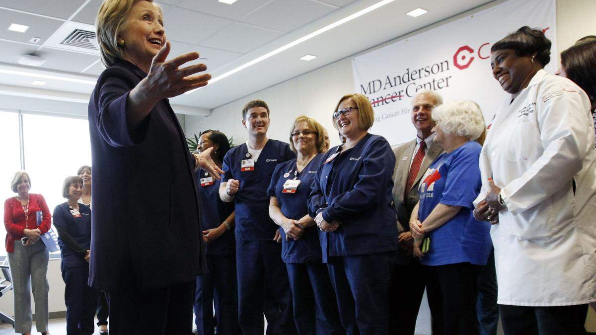Democratic presidential candidate Hillary Clinton addresses a gathering of medical personnel at Cooper Hospital, Wednesday, May 11, 2016, in Camden, N.J. (AP Photo/Mel Evans)