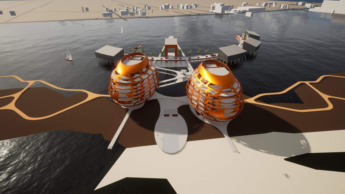 This architectural rendering from Wisznia/ Architecture+Development of New Orleans shows a hotel, condominiums and other amenities that were planned for 16 acres on Deer Island. Eight acres of the property are on the market.