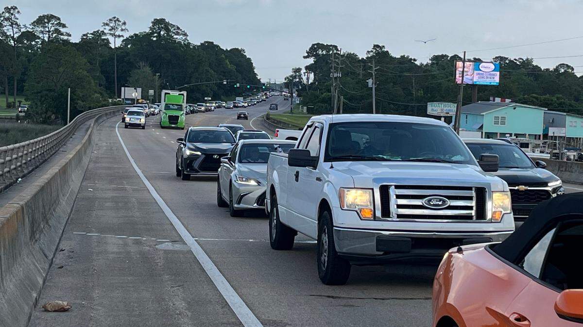 Southbound traffic is backed up Saturday morning in Ocean Springs after the Fort Bayou Draw Bridge didn’t close properly.