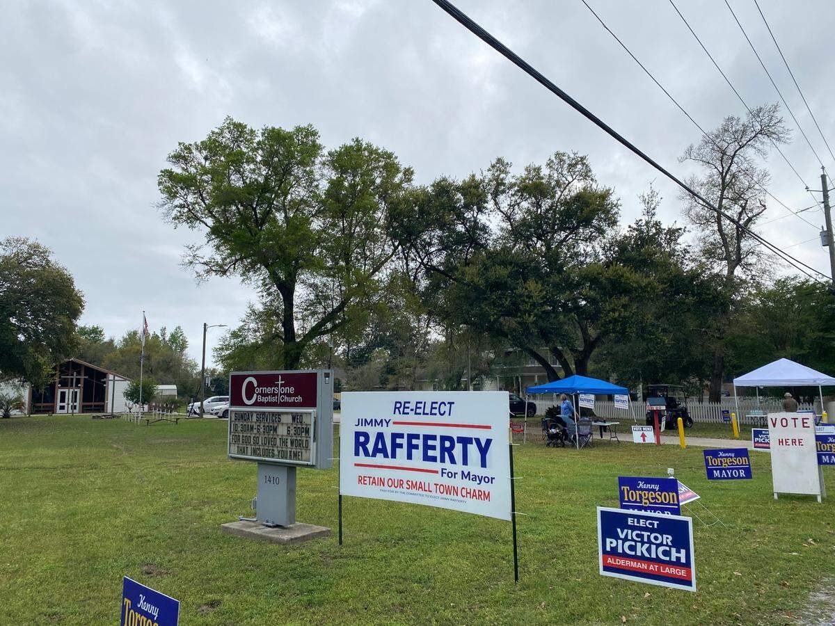 Signs promote candidates at the Ward 1 polling place at Cornerstone Baptist Church in Pass Christian on Tuesday, April 1, 2025.
