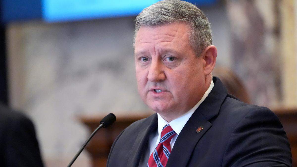 Mississippi Senate Education Committee Chairman Sen. Dennis DeBar, R-Leakesville, discusses legislation that makes changes to the Mississippi Adequate Education Program in the Senate chamber Thursday at the Mississippi Capitol in Jackson.