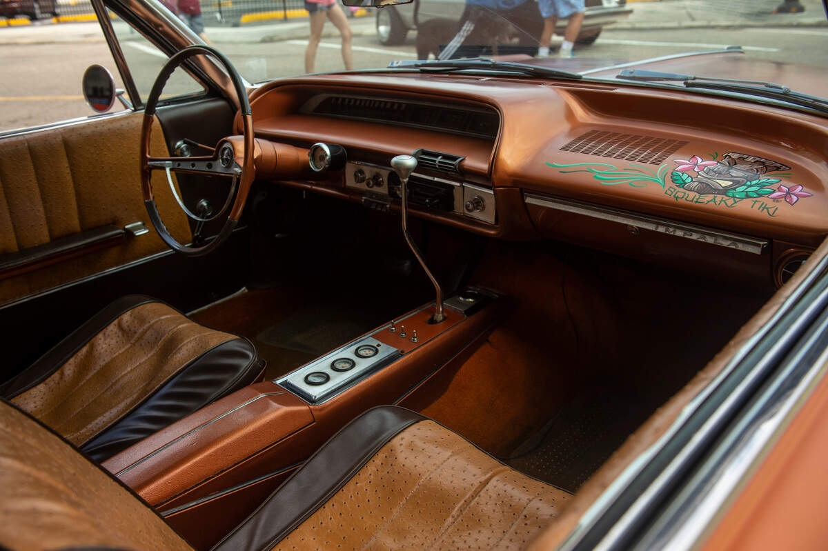 The inside of a classic Chevy Impala called Squeaky Tiki during View the Cruise on Sunday, Oct. 3, 2021.