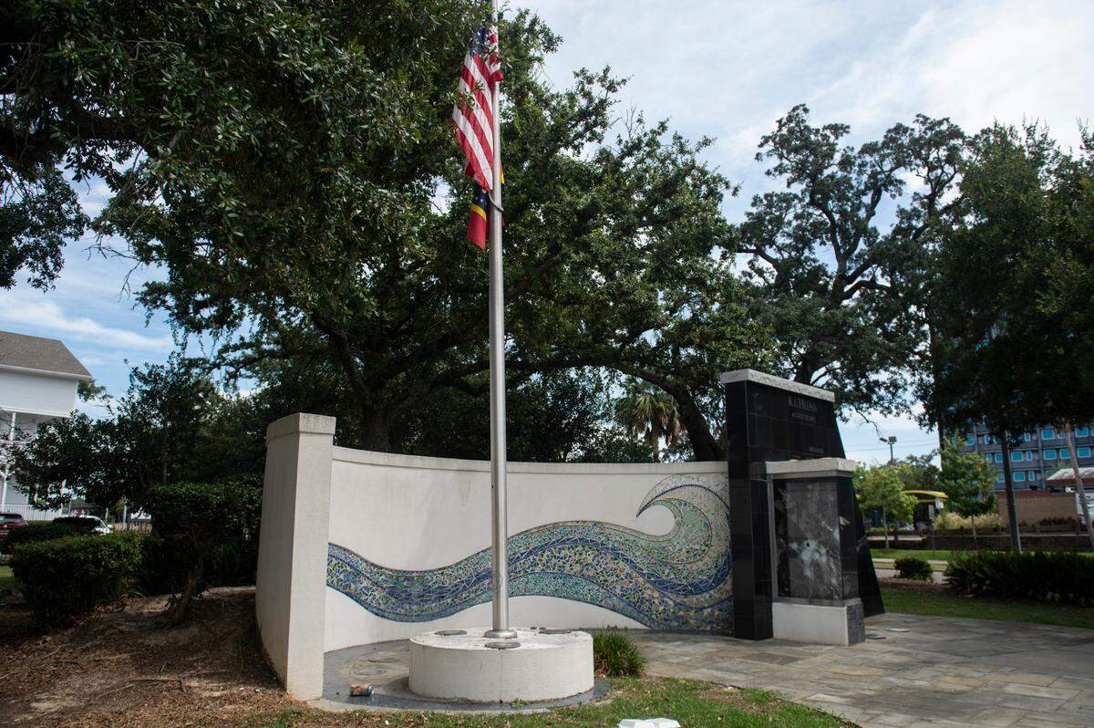 A Hurricane Katrina memorial, built by ABC’s “Extreme Makeover: Home Edition” in 2006, stands at Town Green in Biloxi.. The memorial has since been vandalized.